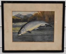 A. Roland Knight watercolour of a leaping salmon caught on a line, with river landscape beyond,