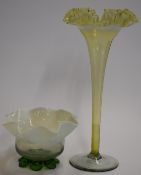 Victorian vaseline vase with crimped rim, 30cm tall, and an opaline glass dish with crimped feet