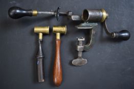 W Bartram Nimrod 12 bore shotgun cartridge rollover tool together with two brass powder measures,