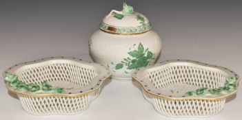 Herend porcelain covered pot and a pair of pierced dishes with applied flower decoration, tallest