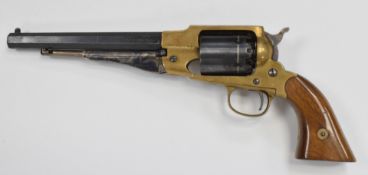 Italian .44 six-shot single action revolver with brass frame, shaped wooden grips and 7.75 inch