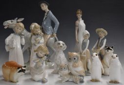 Lladro style figures including man on a donkey, Nao, Lomonosov etc, tallest 36cm