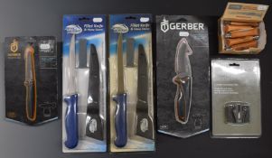 Nine various knives comprising two Gerber Hunting Myth Compact and Myth Pro knives, five Opinel