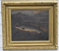 A. Roland Knight (British,1879-1921) watercolour of a salmon having been caught, with river