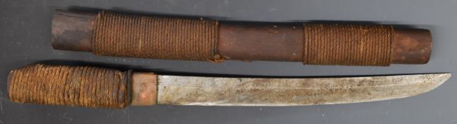 Tanto style short sword with bound handle, curved 31cm blade and wooden sheath