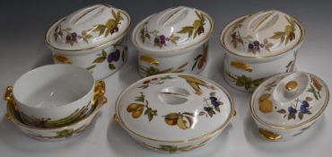 Five Royal Worcester tureens decorated in the Evesham pattern and two bowls