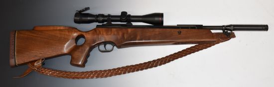 Theoben .22 air rifle with custom thumb hole stock, raised cheek piece, braided leather sling, sound
