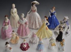 A collection of approximately fifteen figurines including Royal Worcester, Coalport, Royal Doulton