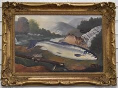 Oil or acrylic on canvas salmon with fishing rod blanket and book on a riverbank, 39 x 59cm, in gilt