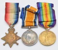 British Army WW1 medals comprising 1914/1915 Star, War Medal and Victory Medal named to Pte T I