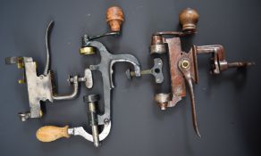 Three 16 bore shotgun cartridge rollover tools one stamped 'Brevete SGDG' one stamped 'DG' and one