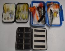 Three fly fishing boxes comprising Wheatey, C+F Design and Masterline with salmon / sea trout flies