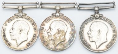 British Army WW1 medals comprising three War Medals named to 68301 Pte R D Dowdeswell, 68207 Pte H B
