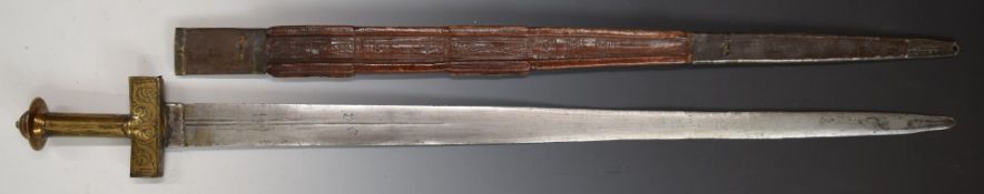 North African Tuareg Takouba sword with double edged straight 31cm blade with central fullers and