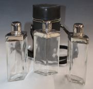 Leather cased three part glass spirit flask set, H18.5cm