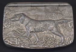 James Dixon & Sons of Sheffield snuff box with embossed scene of a dog and man shooting to the