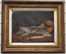 Oil on panel study of a catch of salmon and trout / sea trout with creel behind, 29 x 39cm, in