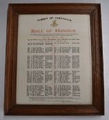 WW1 Parish of Fakenham framed Roll of Honour, 28 x 33cm