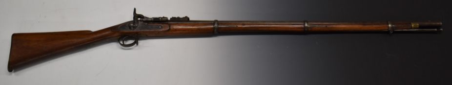 Snider three band percussion hammer action rifle with line engraved lock and hammer, brass trigger