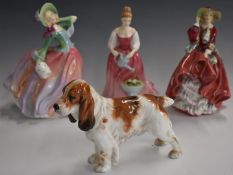 Royal Doulton Spaniel HN1036 and three Royal Doulton figurines including Autumn Breezes, Alexandra