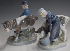 Pair of Copenhagen figures of children with calves, tallest 17cm