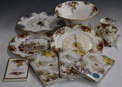 Royal Albert Old Country Roses clock, large pedestal flared bowl, novelty teapot etc