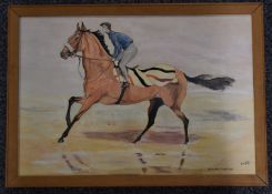David Masters oil / acrylic on board, entitled Red Rum, Off to Work on Southport Sands, 31.5 x 46cm