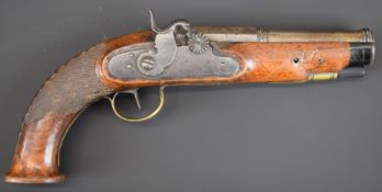 Unnamed percussion converted from flintlock hammer action coat pistol with shaped hammer, brass