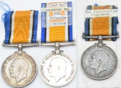 British Army WW1 medals comprising three British War Medals, named to 25514 Pte F J Clarke, killed