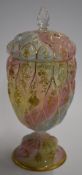 Late 19thC candy striped lidded glass urn with bulbous body and gilt and enamel decoration, probably