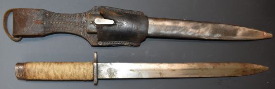 German style bayonet with string bound grip, 30.5cm blade, scabbard and frog
