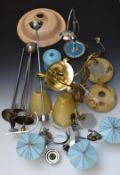A collection of vintage light fittings and glass shades, chrome and brass fittings, Art Deco