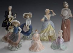 Three Lladro and two Coalport figurines, a Wedgwood Little Bo Peep and a Royal Dux musician, tallest