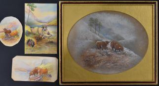 Watercolour study of highland cattle in a snowy landscape, possibly by a Royal Worcester artist,
