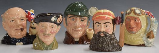 Five large Royal Doulton character jugs comprising Churchill, Captain Scott, WG Grace, The Sleuth