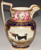 A 19thC English porcelain pedestal jug with two hand decorated cartouches of a hunting dog with