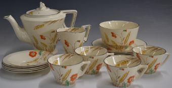 Burleigh Art Deco part tea set in the Zenith shape and decorated with poppies and ears of wheat,