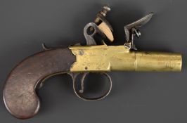 John Twigg of London flintlock pocket pistol with named and engraved locks, shaped wooden grips,
