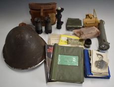 Small collection of militaria including spark proof torch, signalling lamp, first aid kit,