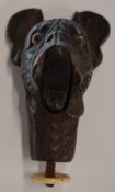 19thC carved dog walking stick or cane finial, with glass eyes and spring loaded opening mouth