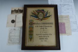 WW1 Frampton on Severn framed Certificate of Recognition presented to C Estop in grateful