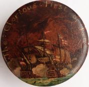 Nelson / Napoleonic interest a circular, walnut patch box with tortoiseshell interior, the lid