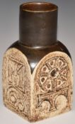 Troika bottle vase with brown glaze, 'Troika Cornwall' and PB monogram to base, H15cm