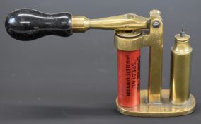 Brass 16 bore shotgun cartridge capper and decapper tool with turned wooden handle and Eley