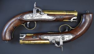 A pair of Bond of London percussion converted from flintlock hammer action pistols with engraved