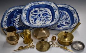 Three blue and white meat platters, decorative brassware etc, largest 47 x 36cm