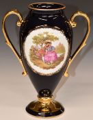 Limoges pedestal twin handled vase with Watteau scene and script 'Fragonard', H25cm