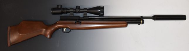 Webley Raider .22 PCP air rifle with semi-pistol grip, raised cheek piece to the stock, sound