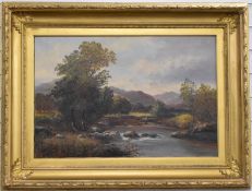 C Bates Victorian oil on canvas highland river with fisherman in the river and sheep grazing beyond,