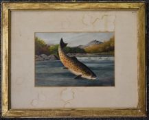 A. Roland Knight watercolour of a leaping fish caught on a line, with river landscape beyond, signed